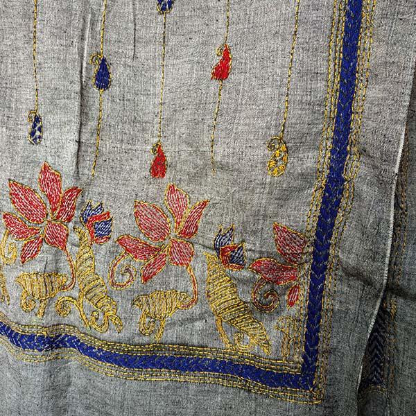 Grey Silk Cotton Kantha work Stole