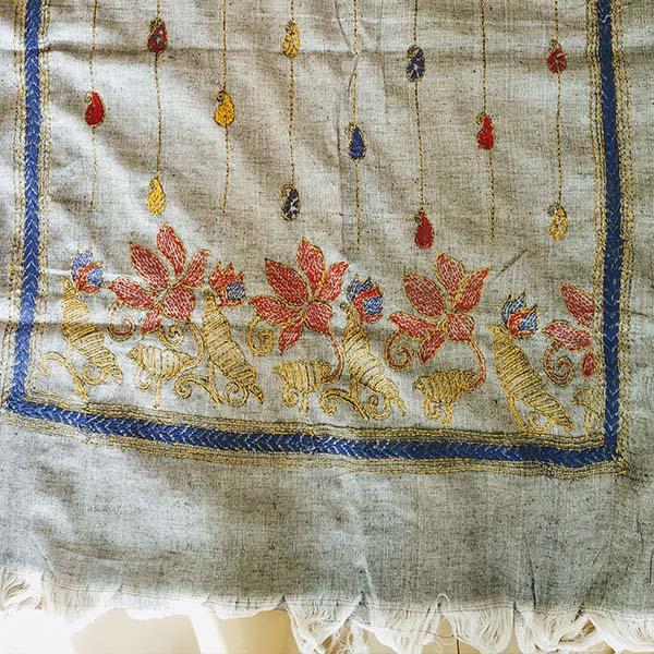 Grey Silk Cotton Kantha work Stole