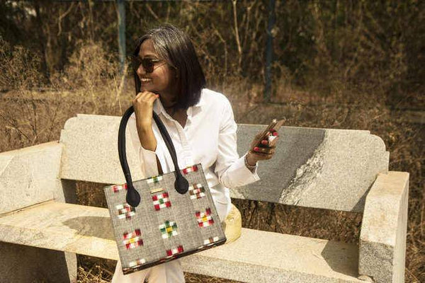 Handwoven Ikat Box Handbag - Grey with Multicoloured Checks