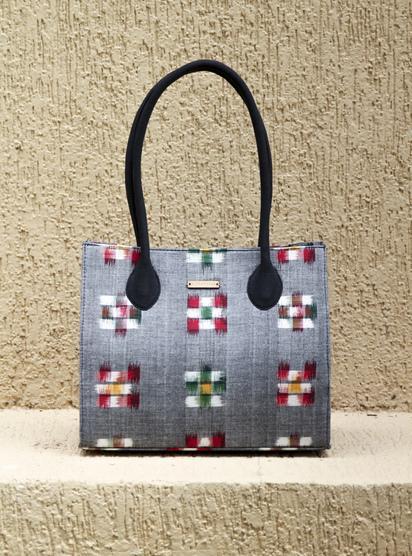 Handwoven Ikat Box Handbag - Grey with Multicoloured Checks