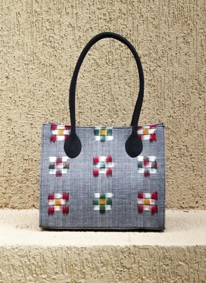 Handwoven Ikat Box Handbag - Grey with Multicoloured Checks
