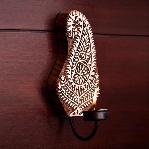 Hand Engraved Wooden Wall-Mounted Tealight Holder Created by Traditional Artisans