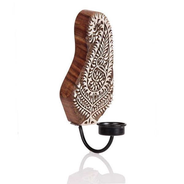 Hand Engraved Wooden Wall-Mounted Tealight Holder Created by Traditional Artisans