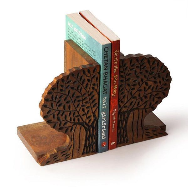 Handcarved Tree of Life Book Ends in Sheesham Wood Created by Traditional Artisans - Set of 2
