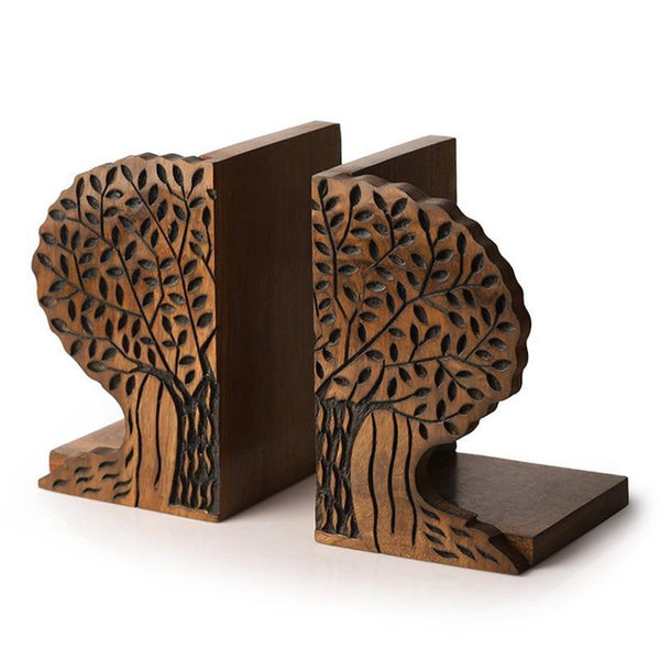 Handcarved Tree of Life Book Ends in Sheesham Wood Created by Traditional Artisans - Set of 2