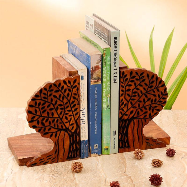 Handcarved Tree of Life Book Ends in Sheesham Wood Created by Traditional Artisans - Set of 2