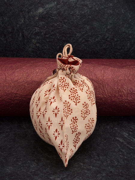 Handcrafted Block Print Gift Bag (038) - Red/ Cream