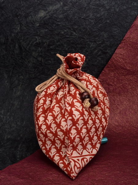 Handcrafted Block Print Gift Bag (039) - Cream/ Red