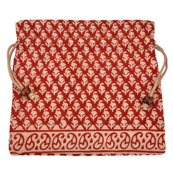 Handcrafted Block Print Gift Bag (039) - Cream/ Red
