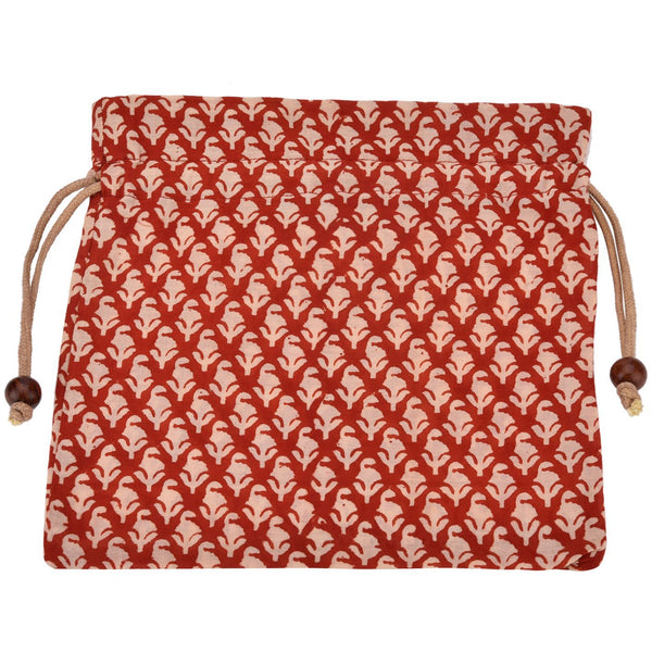 Handcrafted Block Print Gift Bag (039) - Cream/ Red