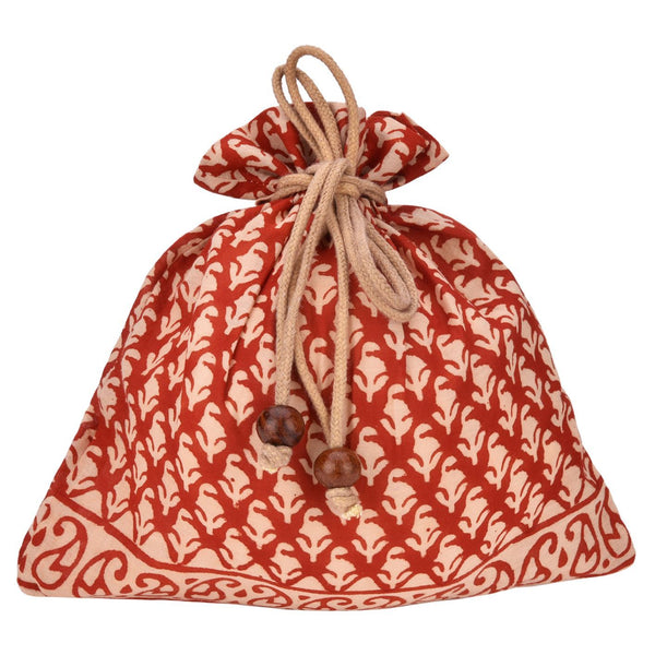 Handcrafted Block Print Gift Bag (039) - Cream/ Red