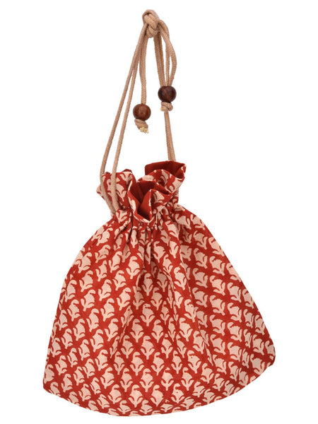 Handcrafted Block Print Gift Bag (039) - Cream/ Red