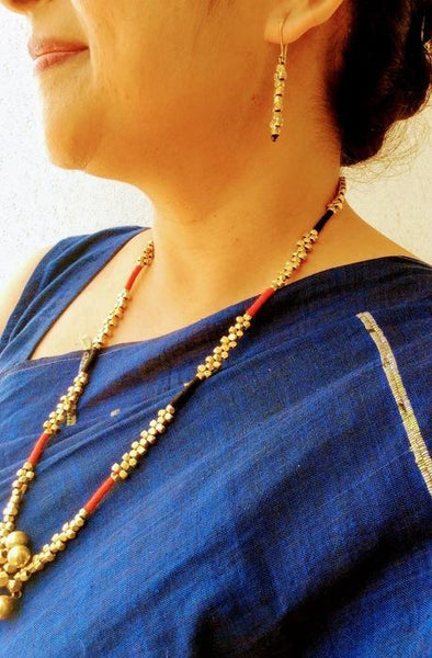 Handcrafted Orissa Tribal Jewellery- Black Red Ball Mala ( with earrings)