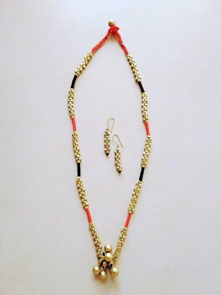 Handcrafted Orissa Tribal Jewellery- Black Red Ball Mala ( with earrings)