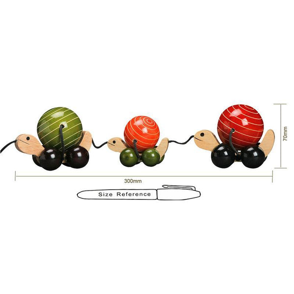 Hand-Crafted Wooden Pull Toy with Rotating Shells - Tuttu the Turtle and Family (Green, Orange, Red)