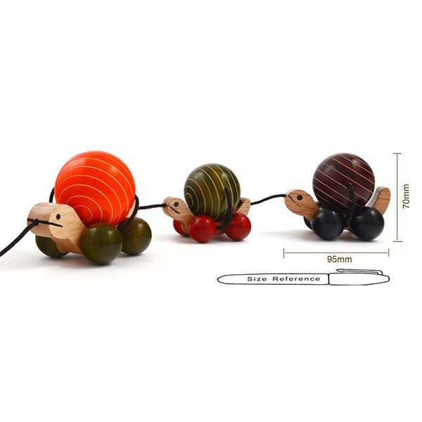 Hand-Crafted Wooden Pull Toy with Rotating Shells -Tuttu the Turtle and Family (Orange, Green and Brown)