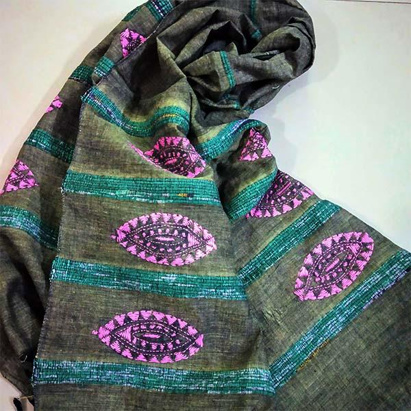 Handloom Khesh Cotton Kantha Embroidered Stole - Moss Green & Pink