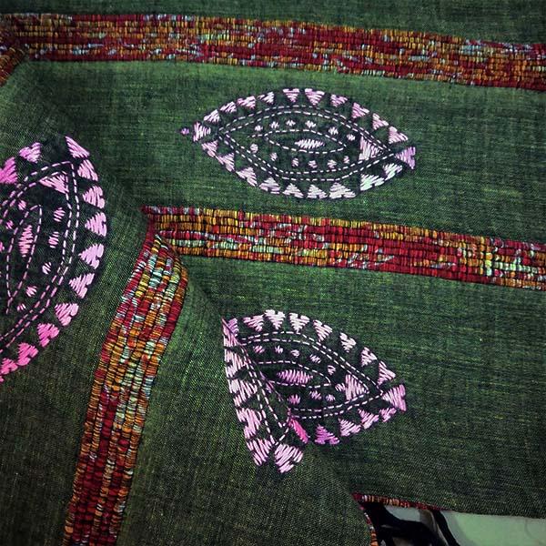 Handloom Khesh Cotton Kantha Embroidered Stole - Moss Green & Pink