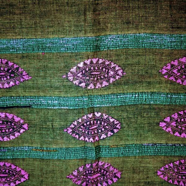 Handloom Khesh Cotton Kantha Embroidered Stole - Moss Green & Pink