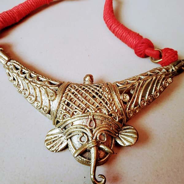 Handmade Dokra Ganesh Hasuli Pendant - Red