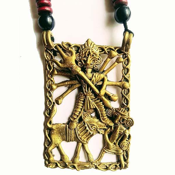 Handmade Large Dokra Durga Pendant on Maroon Black Wooden Beads