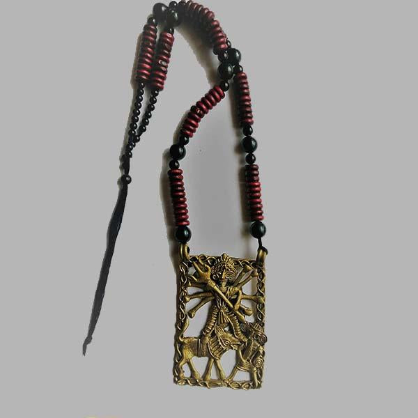 Handmade Large Dokra Durga Pendant on Maroon Black Wooden Beads