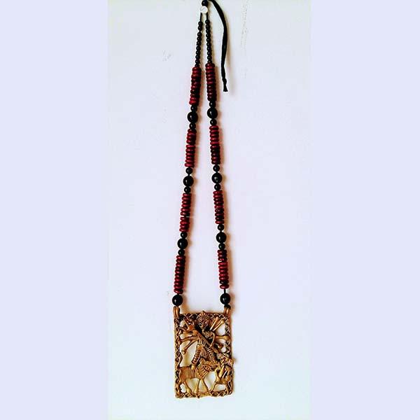 Handmade Large Dokra Durga Pendant on Maroon Black Wooden Beads
