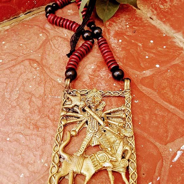 Handmade Large Dokra Durga Pendant on Maroon Black Wooden Beads