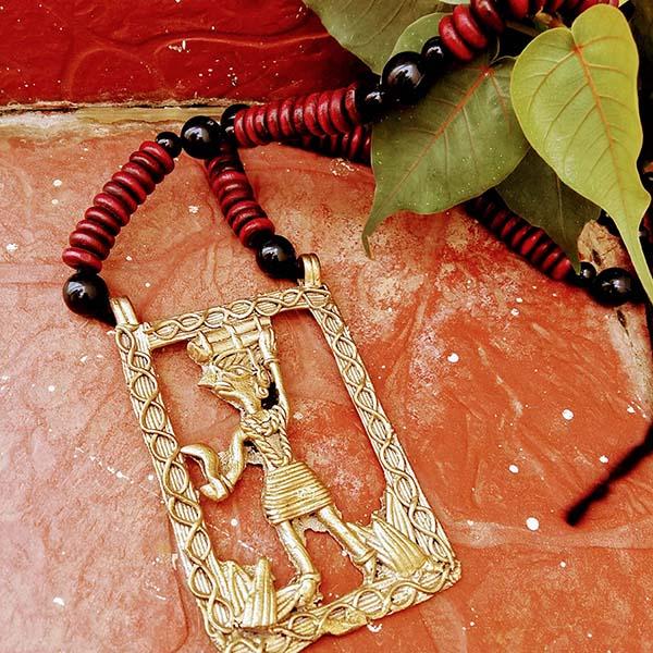 Handmade LogWood Man Large Dokra Pendant set on Maroon Black Wooden Beads