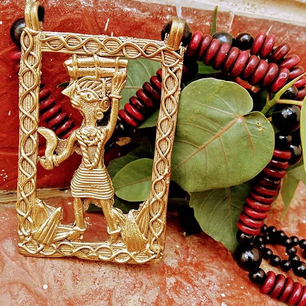 Handmade LogWood Man Large Dokra Pendant set on Maroon Black Wooden Beads