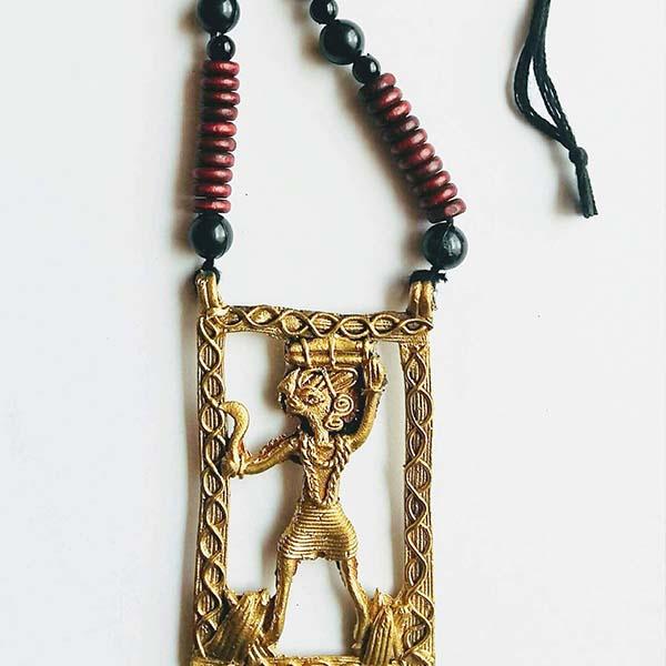 Handmade LogWood Man Large Dokra Pendant set on Maroon Black Wooden Beads