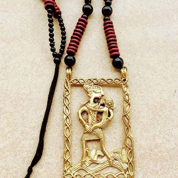 Handmade Mother Child Large Dokra Pendant set on Maroon black Wooden Beads