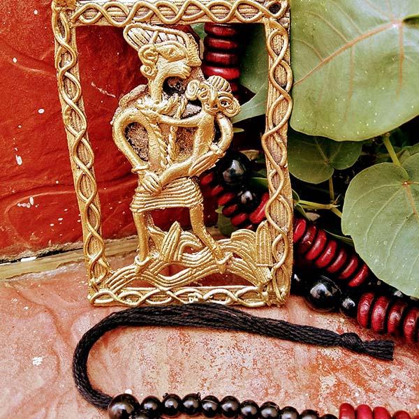 Handmade Mother Child Large Dokra Pendant set on Maroon black Wooden Beads