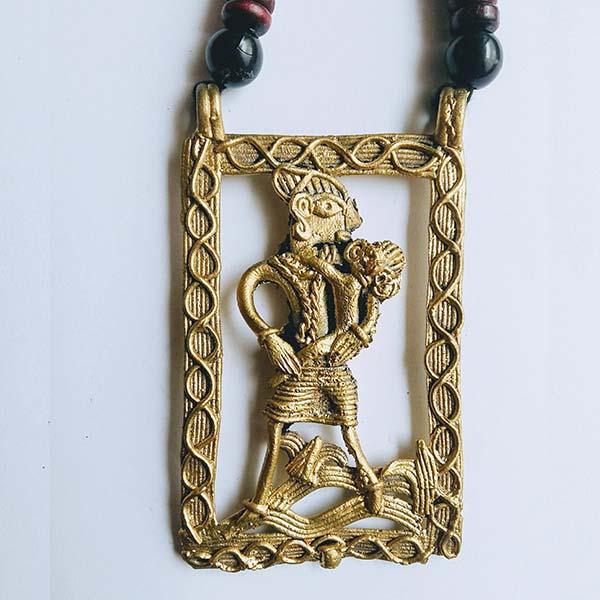 Handmade Mother Child Large Dokra Pendant set on Maroon black Wooden Beads