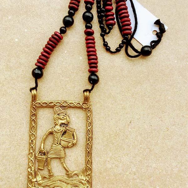 Handmade Pitcher Man Large Dokra Pendant set on Maroon black wooden Beads