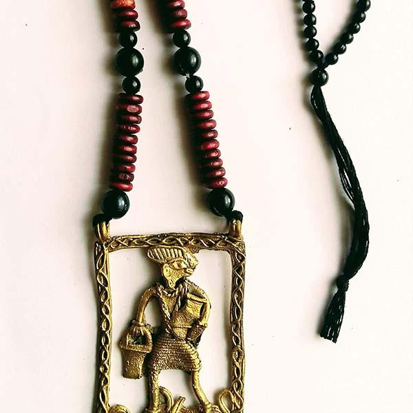 Handmade Pitcher Man Large Dokra Pendant set on Maroon black wooden Beads