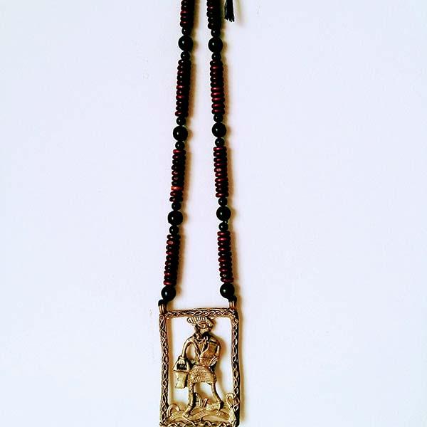 Handmade Pitcher Man Large Dokra Pendant set on Maroon black wooden Beads