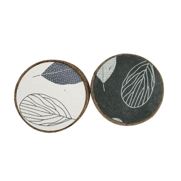 Handmade Coasters - Dark Olive with Off-White Handprinted Leaves (Pack of 8)
