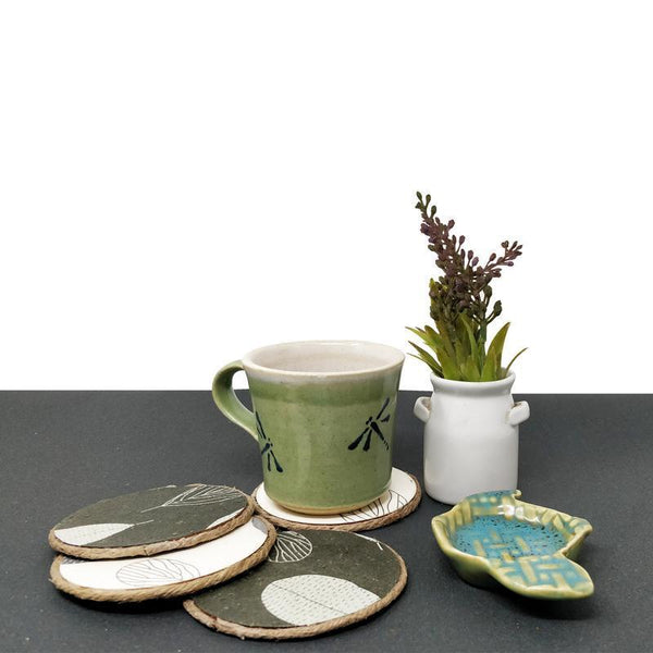 Handmade Coasters - Dark Olive with Off-White Handprinted Leaves (Pack of 8)