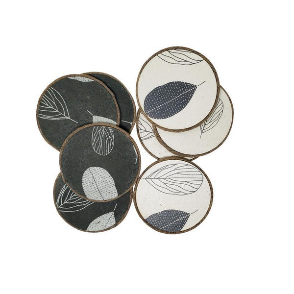 Handmade Coasters - Dark Olive with Off-White Handprinted Leaves (Pack of 8)