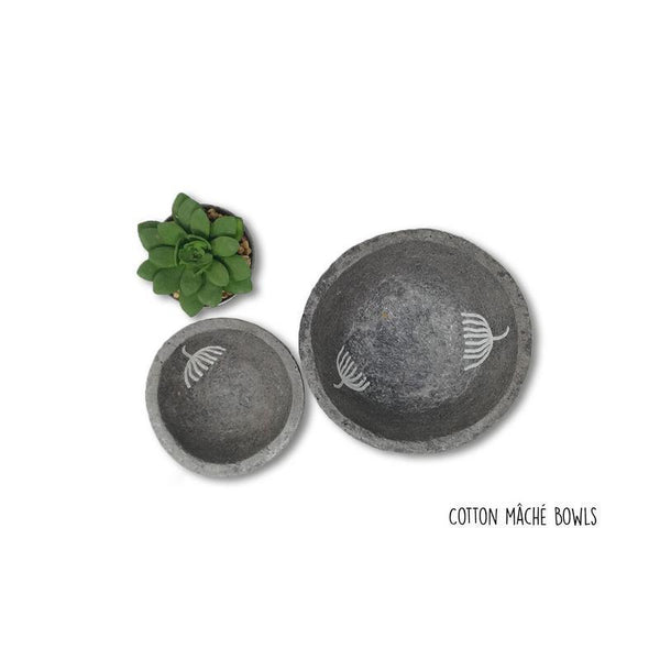 Handmade Cotton Mache Bowls - Dark Grey with White Dandelion Print (Set of 2)