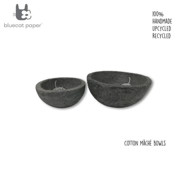 Handmade Cotton Mache Bowls - Dark Grey with White Dandelion Print (Set of 2)