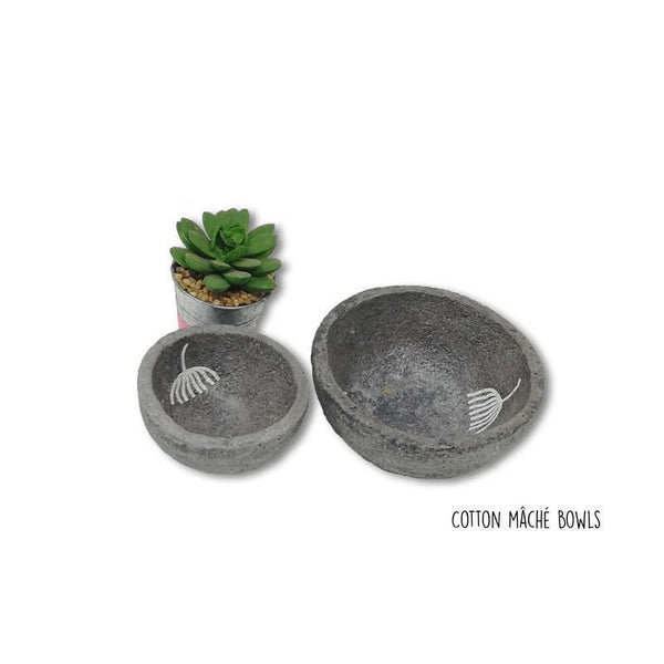 Handmade Cotton Mache Bowls - Dark Grey with White Dandelion Print (Set of 2)