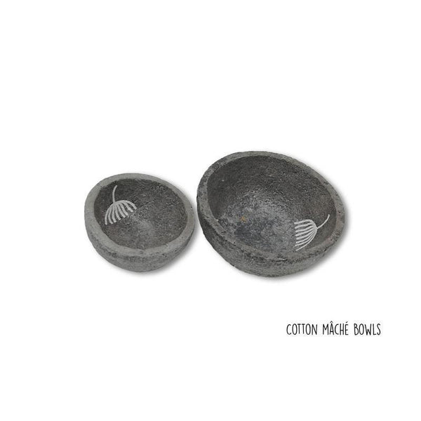 Handmade Cotton Mache Bowls - Dark Grey with White Dandelion Print (Set of 2)