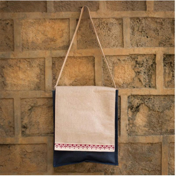 Handmade Canvas Vertical Shoulder Bag/ Laptop Bag with Red Warli Border