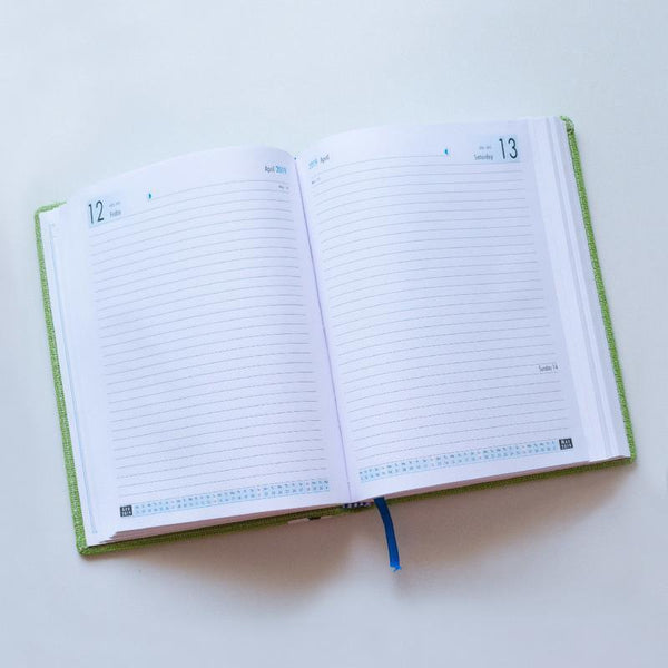 Handmade Jute Diary 2019: Green with Yellow Stripes (Floral Design) - 400 pages