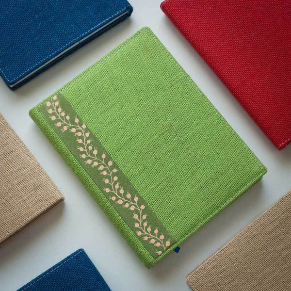 Handmade Jute Diary 2019: Green with Yellow Stripes (Floral Design) - 400 pages