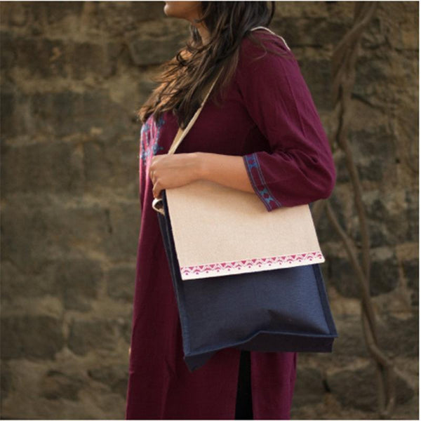 Handmade Canvas Vertical Shoulder Bag/ Laptop Bag with Red Warli Border
