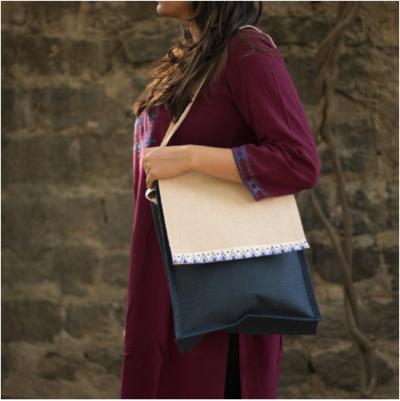 Handmade Jute Shoulder Bag - Beige and Blue