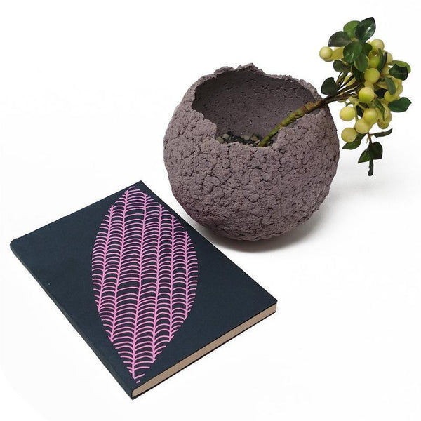 Handmade Paper Notebook - Dark Grey With Pink Leaf Motif (100 pages)